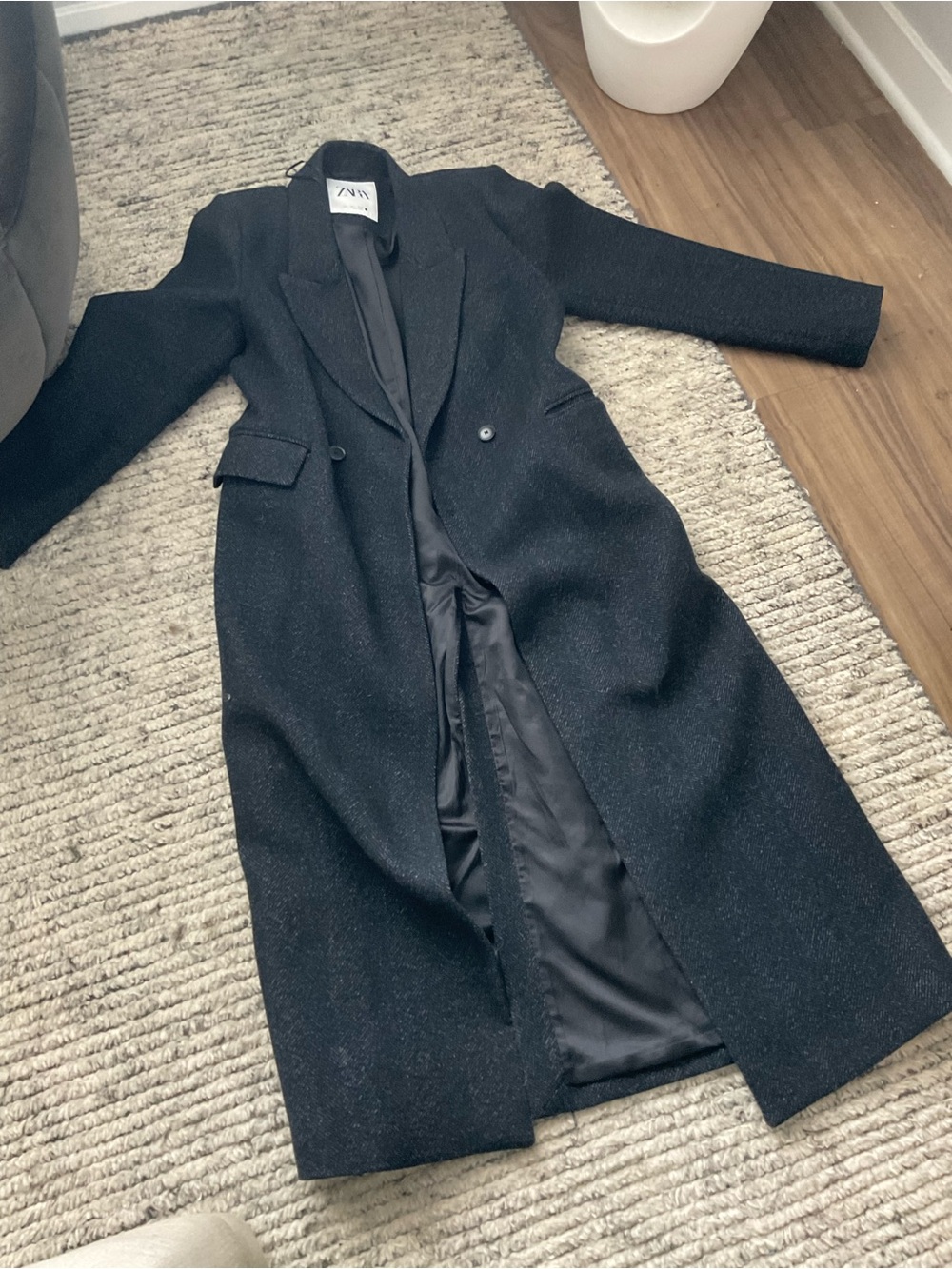 ZARA Black Long Tweed Trench Coat - Picture 2 of 4